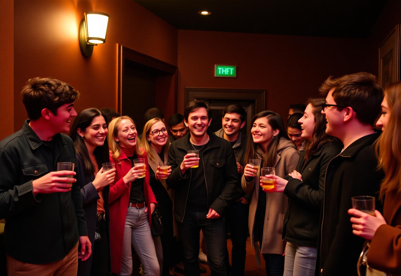 Filmmakers networking in a warmly lit lobby